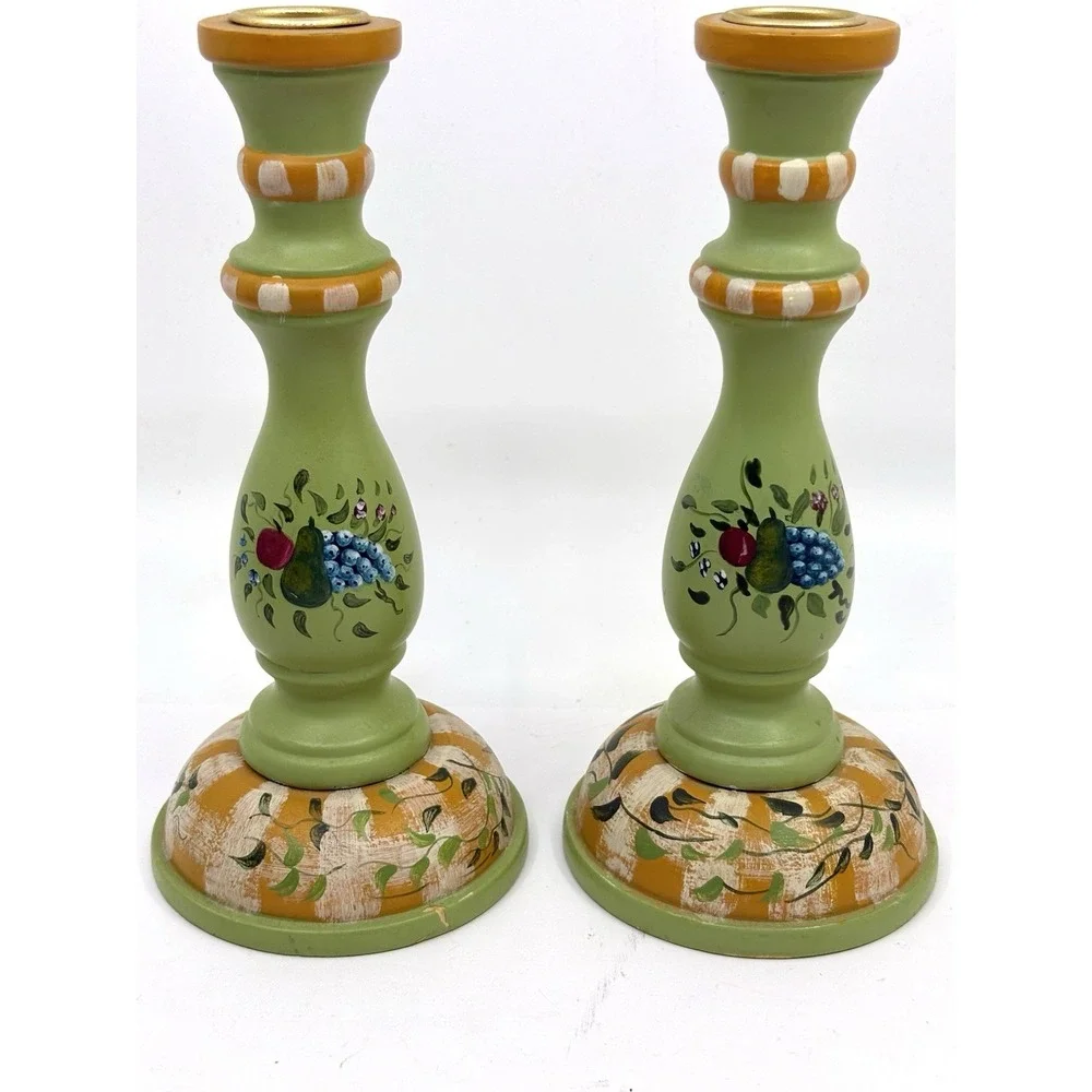 Vtg Green Country Floral Candlestick Holders Jane Keltner